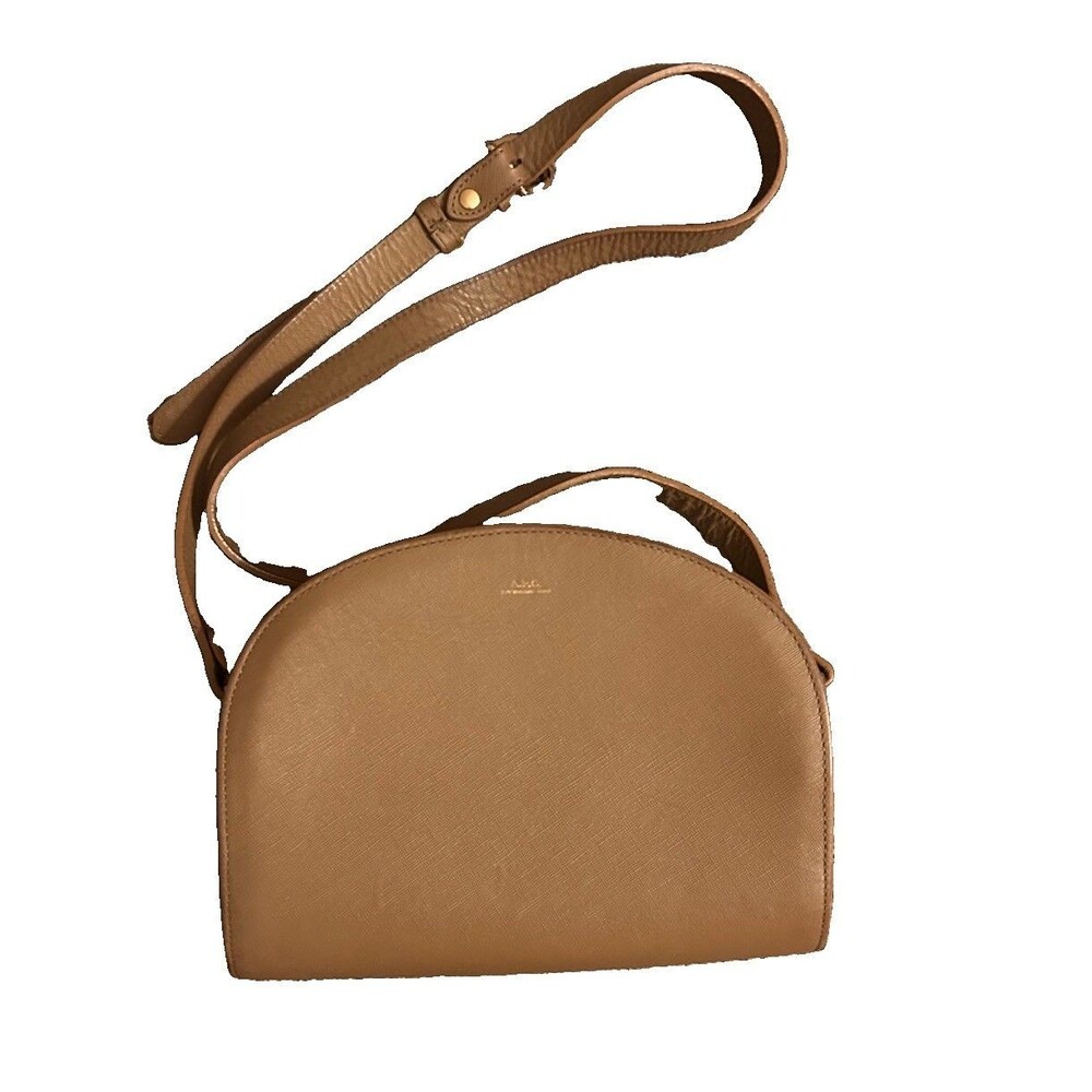A.P.C. Demi-Lune Half Moon Crossbody Bag Tan Camel Saffiano Leather Japan